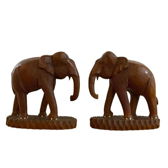Vintage Teak Wood Hand Carved Elephants - Sculpures Bookends - Picture 1 of 10